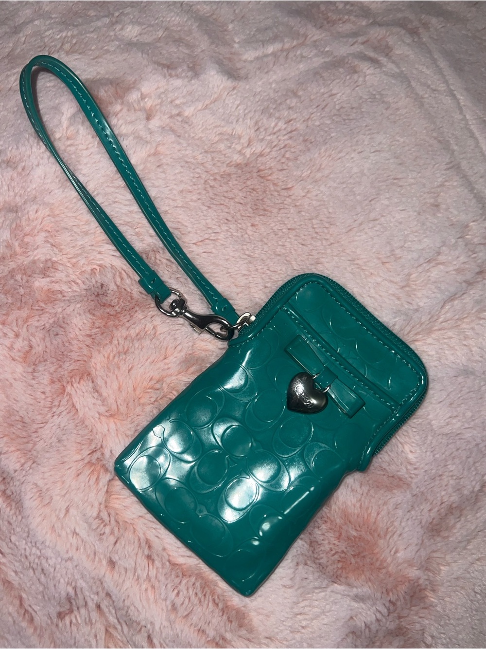 Coach Teal Patent Wristlet Pouch with Silver Heart Charm